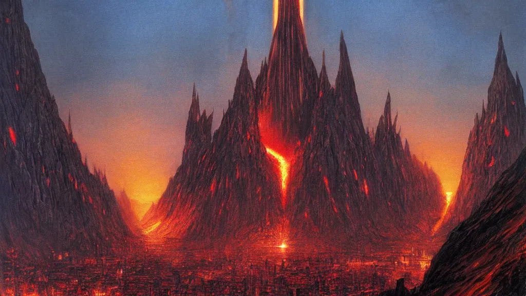 Image similar to mordor, flaming eye of sauron above the tower of darad - dur, by alan lee, intricate, lord of the rings calendar, smooth, detailed terrain, oil painting, trending artstation, concept art, matte painting