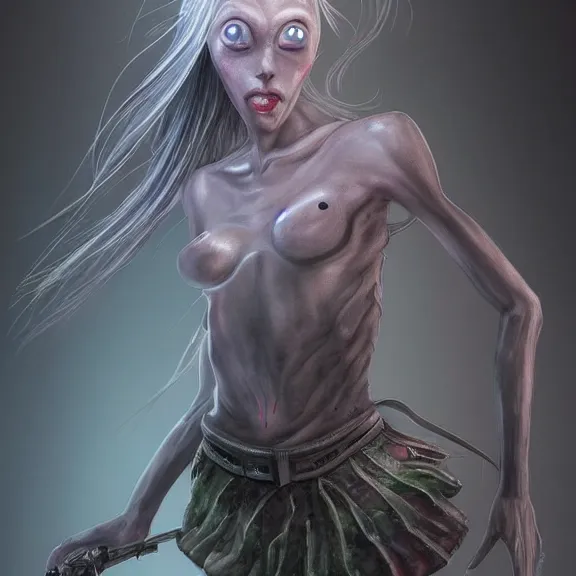 Prompt: blushing grey alien in skirt, fantasy artwork, award winning, hyper detailed, very very beautiful, studio lighting, artstation