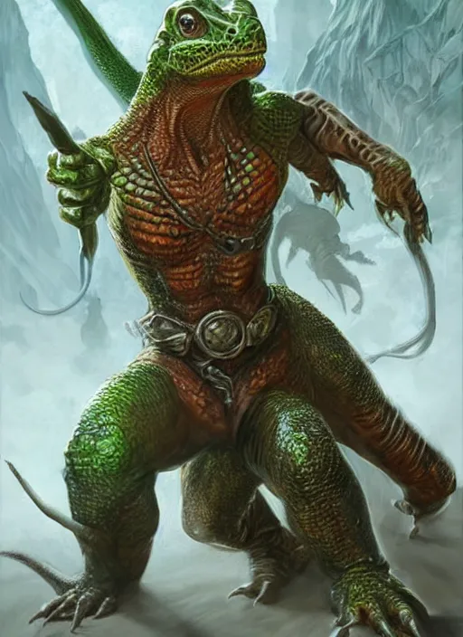 Image similar to half lizard human, ultra detailed fantasy, dndbeyond, bright, colourful, realistic, dnd character portrait, full body, pathfinder, pinterest, art by ralph horsley, dnd, rpg, lotr game design fanart by concept art, behance hd, artstation, deviantart, hdr render in unreal engine 5