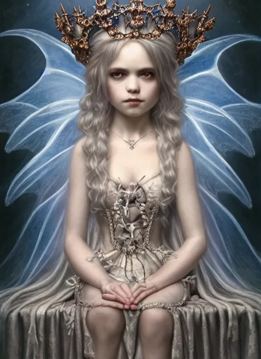 Image similar to highly detailed closeup, simple hand gestures, portrait of a gothic fairy princess wearing a crown and sitting on a throne, unreal engine, nicoletta ceccoli, mark ryden, earl norem, lostfish, global illumination, god rays, detailed and intricate environment