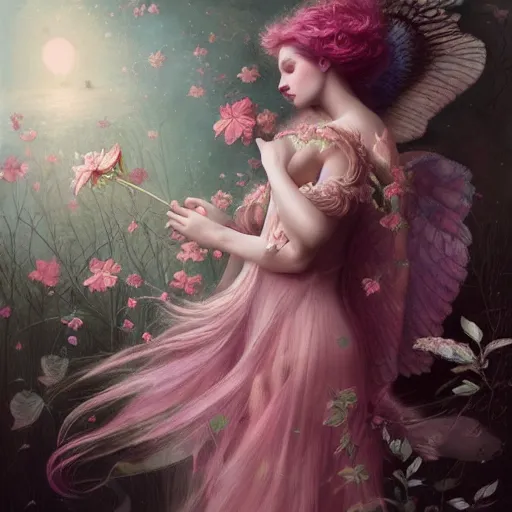 Image similar to a beautiful pink fairy with large wings and flowing hair exploring her lonely flower garden by herself in the style of tom bagshaw, extremely detailed, muted colors