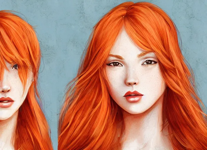 Prompt: portrait Girl with orange hair and freckles, cute-fine-face, pretty face, realistic shaded Perfect face, fine details. realistic shaded lighting by Loish