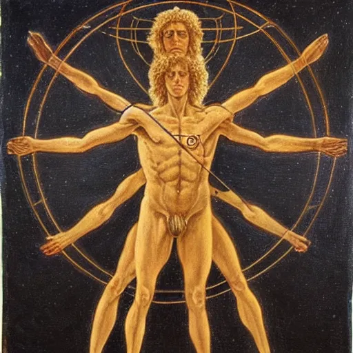 Prompt: occult vitruvian man. oil on canvas. ars goetia. by heade and the dark crystal.