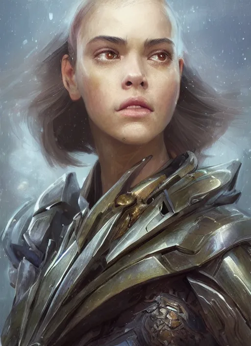 Image similar to a professional portrait of a beautiful young female, clothed in ethereal battle armor, olive skin, long dark hair, beautiful bone structure, symmetrical facial features, intricate, elegant, digital painting, concept art, smooth, sharp focus, finely detailed, illustration, from Valerian and the City of a Thousand Planets, in the style of Ruan Jia and Mandy Jurgens and Artgerm and Greg Rutkowski and William-Adolphe Bouguerea