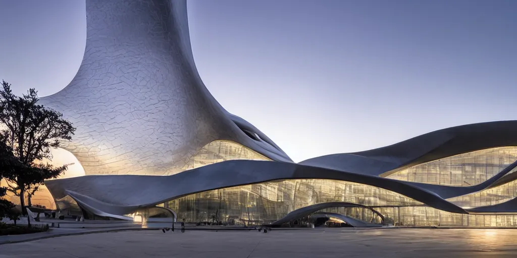 Image similar to extremely elegant smooth detailed stunning sophisticated beautiful elegant futuristic museum exterior by Zaha Hadid, Milan buildings in the background, smooth curvilinear design, stunning volumetric light, stainless steal, concrete, translucent material, beautiful sunset, tail lights