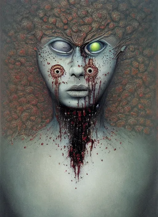 Image similar to dramatic portrait painting of woman with large crying eyes with black mandelbrot fractal instead of face, in style of zdzisław beksinski, horror, body horror,