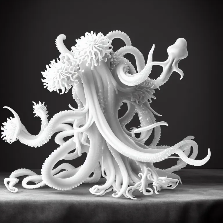 Prompt: still life of white flowers on a table, white alien squid, white octopus, , surreal alien ribbed white fruit, white human spine, baroque painting, beautiful detailed intricate insanely detailed octane render trending on Artstation, 8K artistic photography, photorealistic, chiaroscuro, Raphael, Caravaggio beautiful BW monochrome