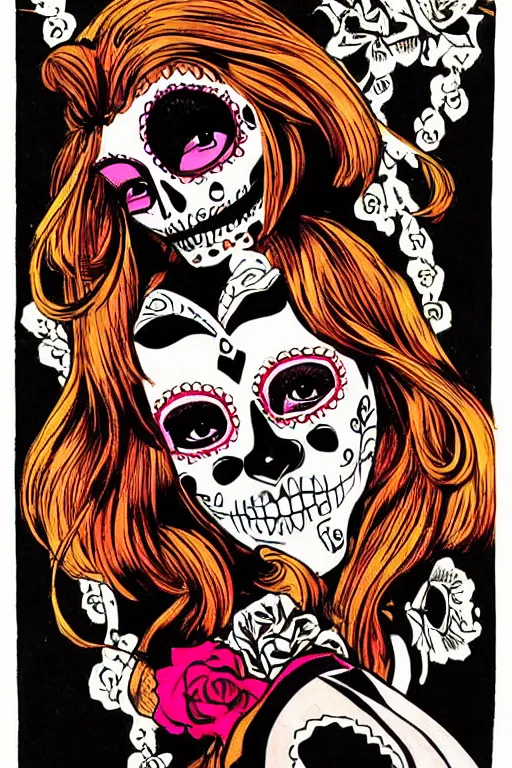 Prompt: Illustration of a sugar skull day of the dead girl, art by howard chaykin