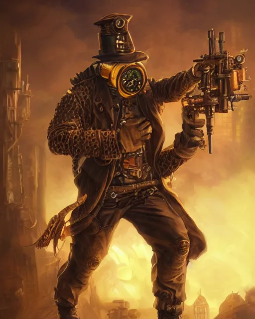 Prompt: oil painting of Anthropomorphized Steampunk Owlman Sniper, holding steampunk gun, sharp focus, exploding golden steampunk city background, full body, heroic pose, fantasy style, octane render, volumetric lighting, 8k high definition, by greg rutkowski, highly detailed, trending on art Station, magic the gathering artwork, centered, dramatic artwork, combat scene