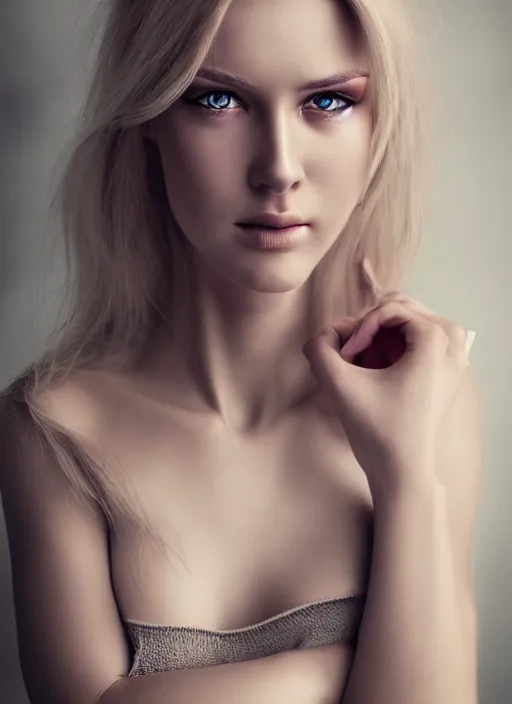 Image similar to a gorgeous norwegian female photo, professionally retouched, soft lighting, realistic, smooth face, full body shot, torso, dress, perfect eyes, sharp focus on eyes, 8 k, high definition, insanely detailed, intricate, elegant, art by mark litvokin