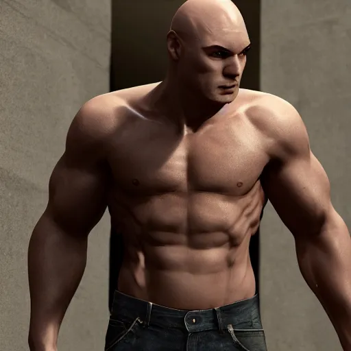 Image similar to bald muscular guy, beautiful details, hdr, octane render