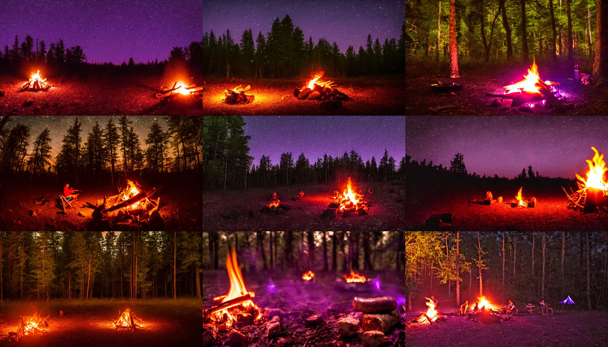 Prompt: a sole campfire in a dark desolate forest at night, with some sausages on the fire, purple fireflies in the background, medium shot, masterpiece