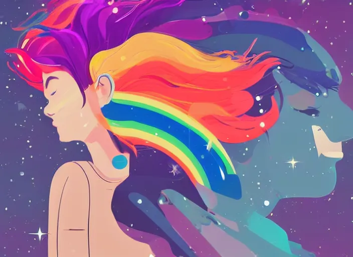 Image similar to a beautiful woman with rainbow hair floating in space. she is an astronaut, wearing a space suit, fixing her space rocket. clean cel shaded vector art. shutterstock. behance hd by lois van baarle, artgerm, helen huang, by makoto shinkai and ilya kuvshinov, rossdraws, illustration, art by ilya kuvshinov