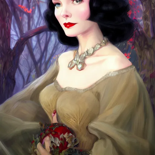 Image similar to vivien leigh as snow white, au naturel, hyper detailed, digital art, trending in artstation, cinematic lighting, studio quality, smooth render, unreal engine 5 rendered, octane rendered, art style by klimt and nixeu and ian sprigger and wlop and krenz cushart