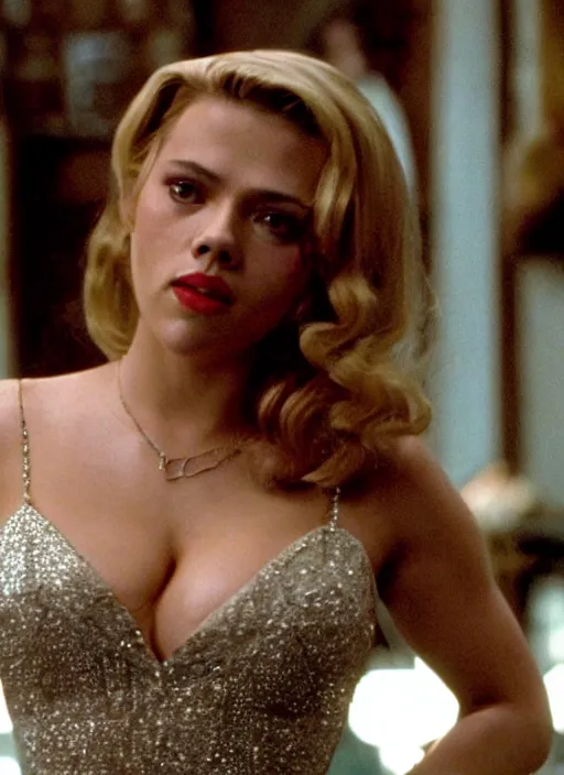 Image similar to movie still of scarlett johannson with a very big bust in goodfellas, directed by martin scorsese