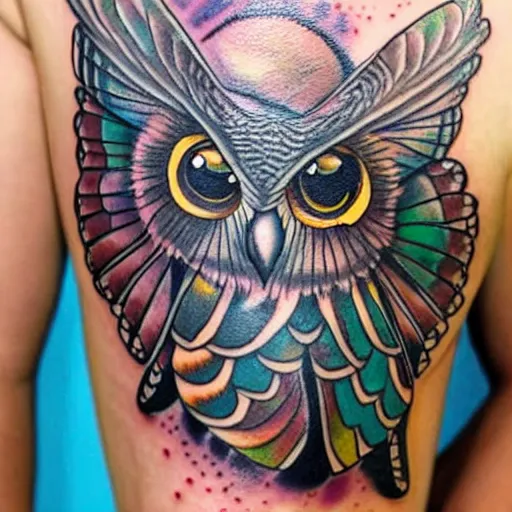 Prompt: an owl and butterfly mixture tattoo