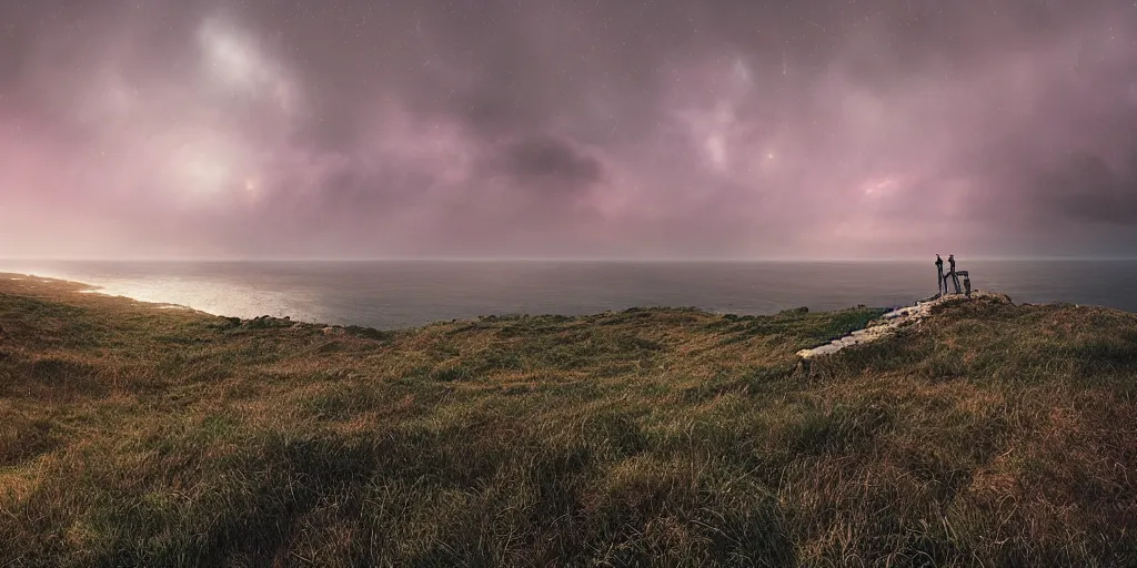 Prompt: Field on the edge of a cliff overlooking the ocean with a dramatic night sky by Jessica Rossier and Alena Aenami