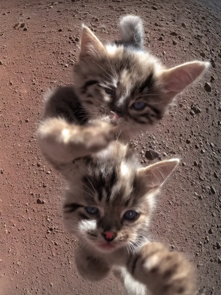 Prompt: gopro footage of a kitten wearing a realistic spacesuit on mars