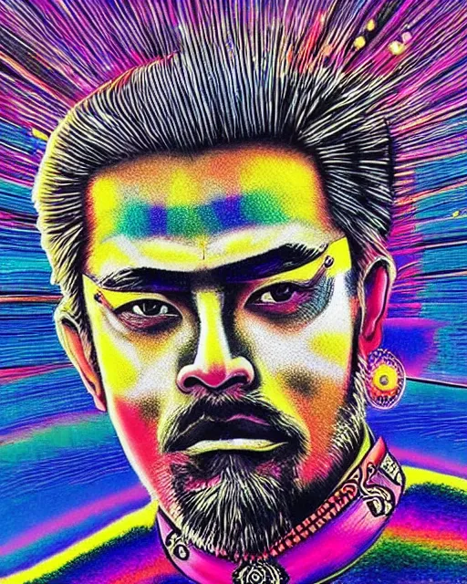 Prompt: flamboyant bling rhinestones & lame hardman ronin samurai grizzled unshaven Toshiro Mifune fullwide angle warrior stance, Swarovski dot pointillist oilpastels black paper, detailed art graphic art poster by Felipe Pantone