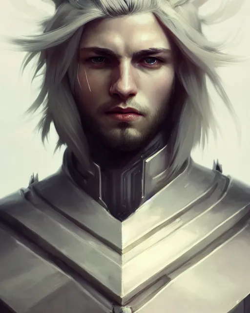 Prompt: male portrait, handsome, detailed white long hair, intricate assasin armor, fullbody, by ilya kuvshinov, peter mohrbacher, greg rutkowski, godessmechanic, dramatic lighting, intricate, highly detailed, deviant art, sharp focus, luminous, blender, deviant art, masterpiece, ray tracing