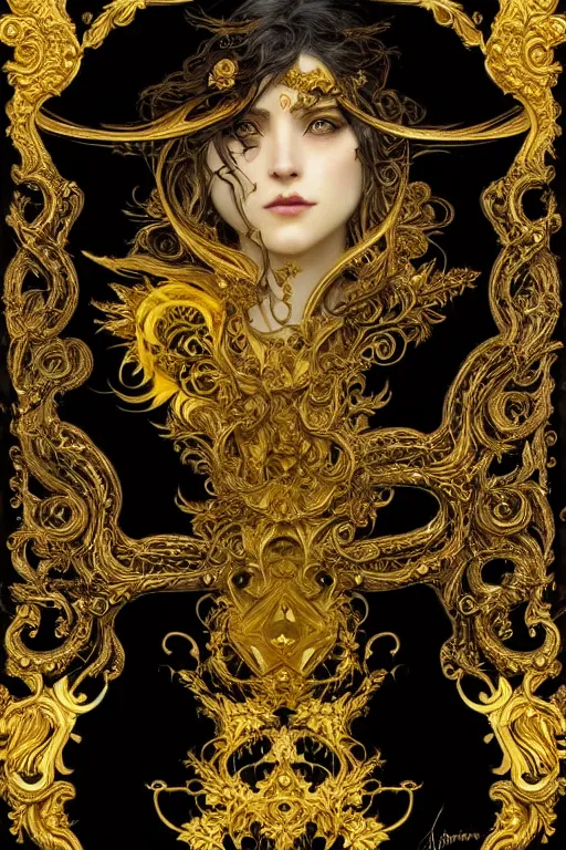 Image similar to beautiful black yellow, complicated gold the baroque style decoration, dark fantasy, intricate, elegant, highly detailed, digital painting, artstation, concept art, matte, 3 d 8 k octane rendered, sharp focus, illustration, octane rendered, art by artgerm and alphonse mucha, leesha hannigan, ross tran