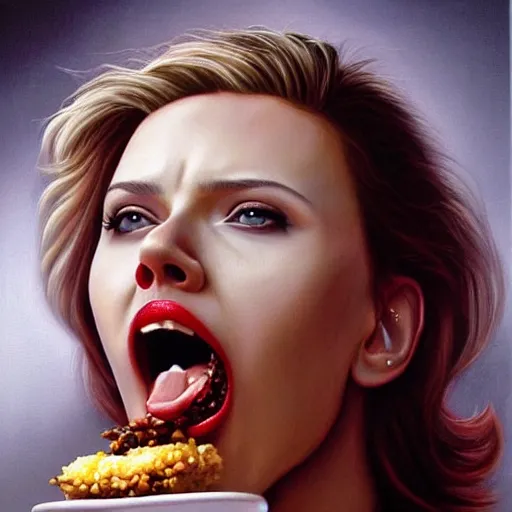 Image similar to a hyperrealistic painting of Scarlett Johansson eating a rat by Jason Edmiston,