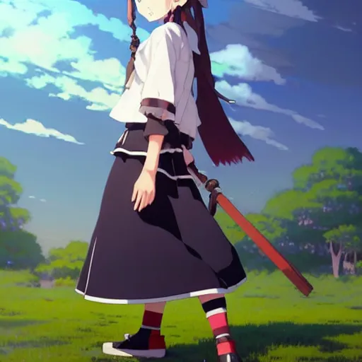 Image similar to a beautiful! boyish! natalie portman model, wearing catholic school girl outfit with mayan pattern and native style, aztec street fashion, guilty gear art direction, gapmoe yandere grimdark, trending on pixiv fanbox, painted by greg rutkowski makoto shinkai takashi takeuchi studio ghibli, akihiko yoshida