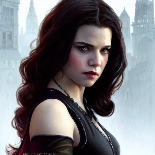 Image similar to beautiful Rosemarie Hathaway from Vampire Academy movie character as GTA character, vampires fantasy, closeup, D&D, intricate, elegant, highly detailed, digital painting, artstation, concept art, matte, sharp focus, illustration, art by Artgerm and Greg Rutkowski and Alphonse Mucha