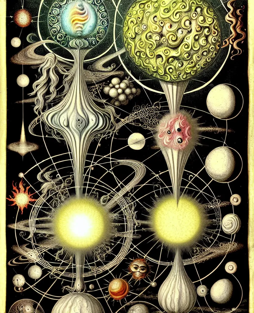 Image similar to whimsical uncanny creature alchemizes unique canto about'as above so below'being ignited by the spirit of haeckel and robert fludd, breakthrough is iminent, glory be to the magic within, to honor jupiter, painted by ronny khalil