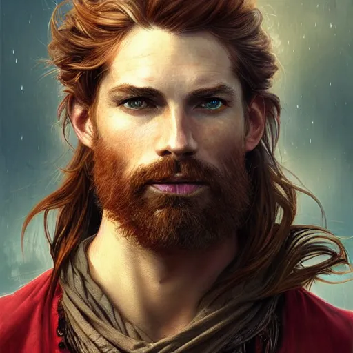 Image similar to portrait of a young ruggedly handsome but optimistic pirate, male, masculine, upper body, red hair, very long hair, d & d, fantasy, intricate, elegant, highly detailed, digital painting, artstation, concept art, matte, sharp focus, illustration, art by artgerm and greg rutkowski and alphonse mucha