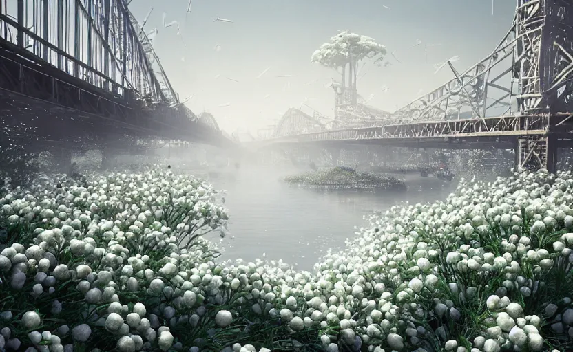 Image similar to explosions in the form of realistic white cotton plants on harbour bridge, huge white cotton plants everywhere on the destroyed harbour bridge, smooth, sharp focus, highly detailed, 3 d octane render, epic lighting, crazy atmosphere, lots of cotton plants, 8 k, by goro fujita