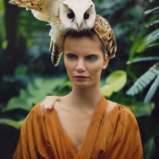 Prompt: head to shoulder portrait Polaroid film photograph of an elegant top model wearing a yellow kimono with a very detailed barn owl on her shoulder!!! in a tropical greenhouse. looking at the camera!!. super resolution. Polaroid 600 film. art by Alessio albi and john william waterhouse .