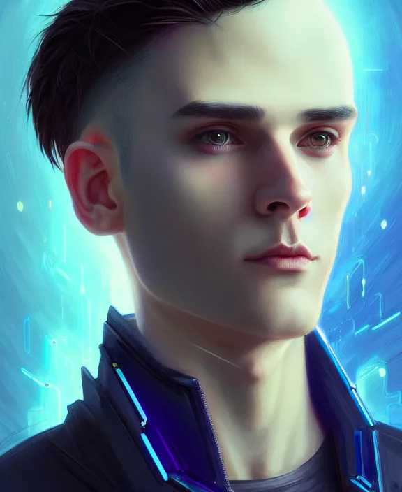 Prompt: a whirlwind inside the metaverse, guy, male, man, science, machine face, fashionable haircut, piercing, half body, neurochip, android, cyberpunk face, by loish, d & d, fantasy, intricate, elegant, highly detailed, colorful, digital painting, artstation, concept art, art by artgerm and greg rutkowski and alphonse mucha