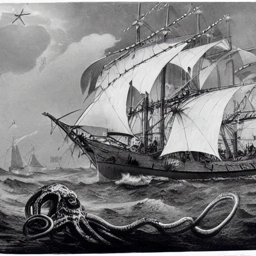 Image similar to an impossibly huge pirate ship, being attacked by a kraken, giant tentacles. 1800s photograph