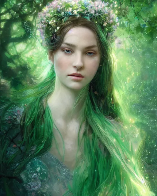 Image similar to Goddess of Spring, green-eyes!!!!!!!!!!, gorgeous portrait, intricate, elegant, volumetric lighting, scenery, digital painting, highly detailed, artstation, sharp focus, illustration, concept art, ruan jia, steve mccurry