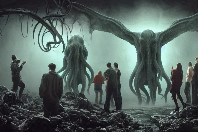 Prompt: photo of people gathering around cthulhu, horror atmosphere, fear, mystery, dramatic, 8 k uhd