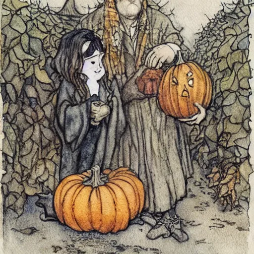 Image similar to a watercolor and ink illustration of hagrid and harry in a pumpkin patch by arthur rackham and edmund dulac