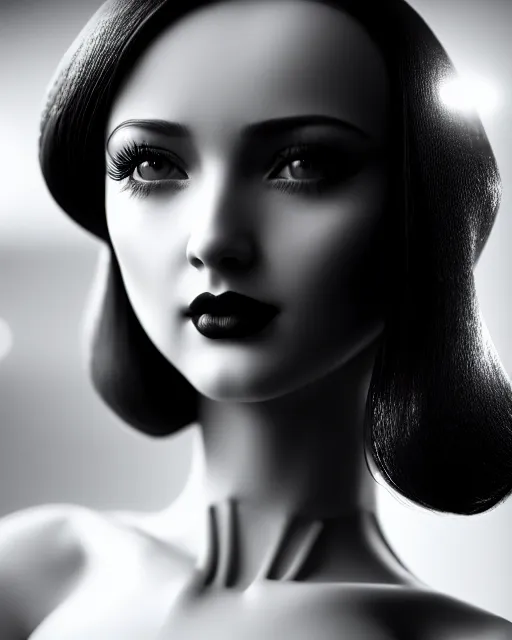 Image similar to black and white dreamy young beautiful female artificial intelligence, cinematic, rim light, photo - realistic, elegant, high detail, 8 k, masterpiece, photo taken in 1 9 3 0