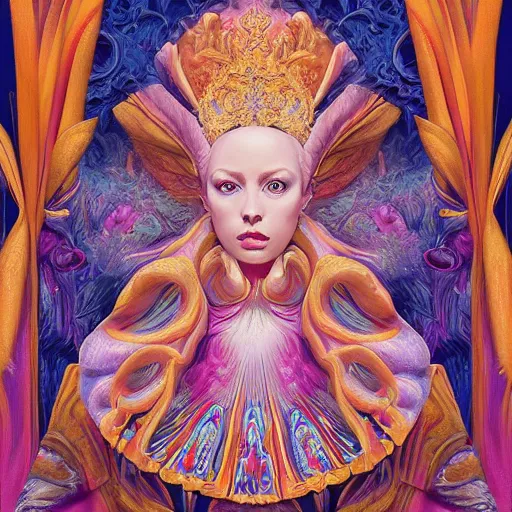 Image similar to beautiful oil painting, full length portrait of dauphinois in baroque coronation robes 1701, Dan Mumford, Dan Mumford, Alex grey, highly detailed , lsd visuals, dmt fractal patterns, hallucinogen, visionary art, psychedelic art, ornate, vaporwave, baroque, Greg rutkowski