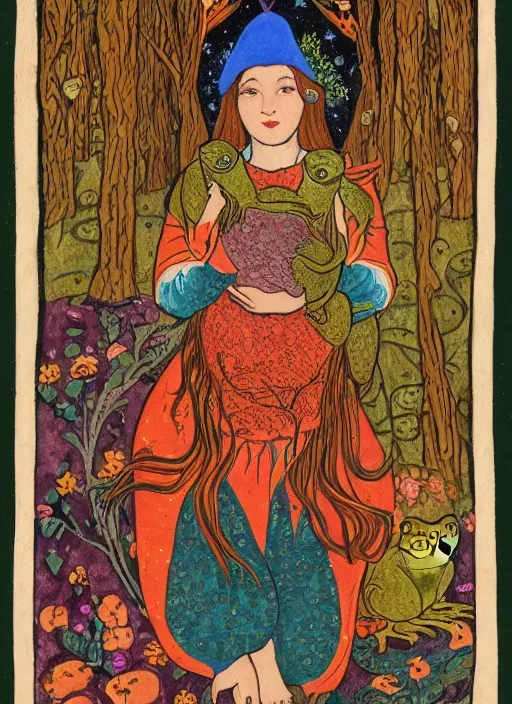 Image similar to portrait of a young woman holding a frog ; forest ; moon and stars ; slavic tale ; ivan bilibin style ; 8 k ;