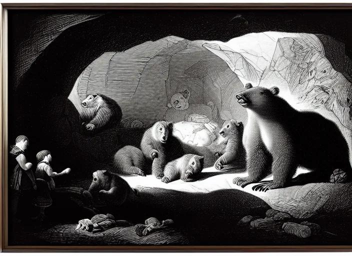 Image similar to Pieter Claesz's 'looking into dark cave and seeing a mother bear and her cubs sleeping', night time, cross hatching, framed