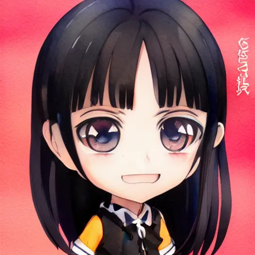 Image similar to portrait watercolor painting of nendoroid eyes kawaii chibi with black hair and hime cut in style of krenz cushart, ilya kuvshinov, pixiv key visual manga cover, POYOYONROCK