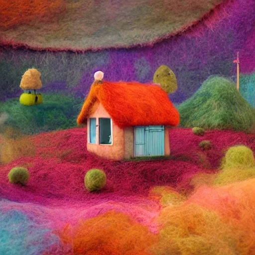 Prompt: small wooden house in the middle of spring forest, bright colours, watercolor, volumetric wool felting, macro photography, children illustration, by dan mcpharlin