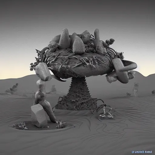 Prompt: crashed burning UFO flying saucer with a sad Roswell grey alien trying to repair his crashed burning spacecraft in the desert, crashed UFO, crashed Flying Saucer, cactus and rocks in the background, dusk, featured on zbrush central, hurufiyya, zbrush, polycount, airbrush art