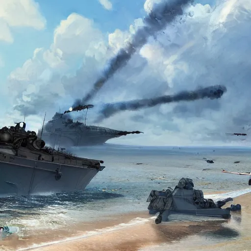 Prompt: landing crafts reaching the beaches of normandy amidst gunfire, highly detailed, digital painting, concept art, sharp focus, by makoto shinkai