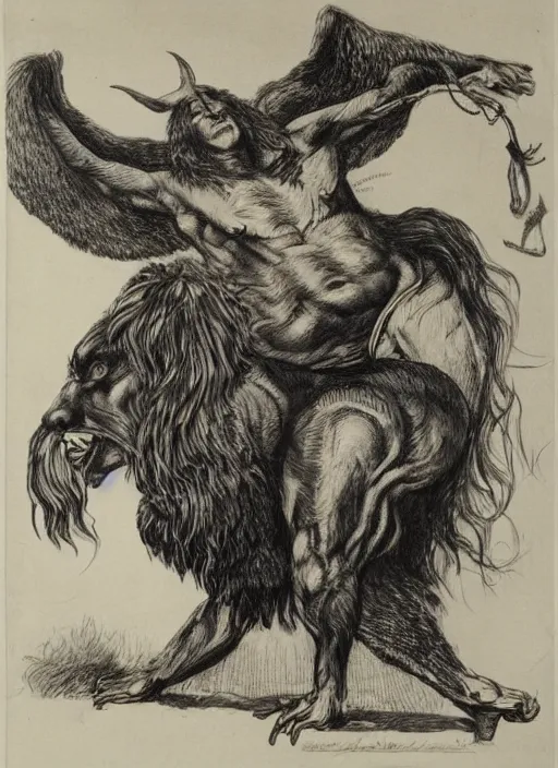 Image similar to human / eagle / lion / ox hybrid with two horns, one big beak, mane, human body. drawn by francis bacon