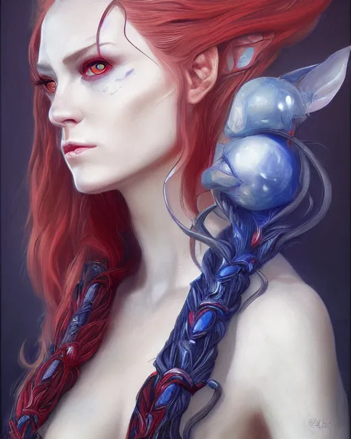 Prompt: A detailed matte oil on canvas head on symmetrical portrait of a distinguished elven woman with a blue eye and a red eye, and red and blue hair by Charlie bowater and lise deharme wlop, trending on artstationhd, dungeons and dragons art critical role