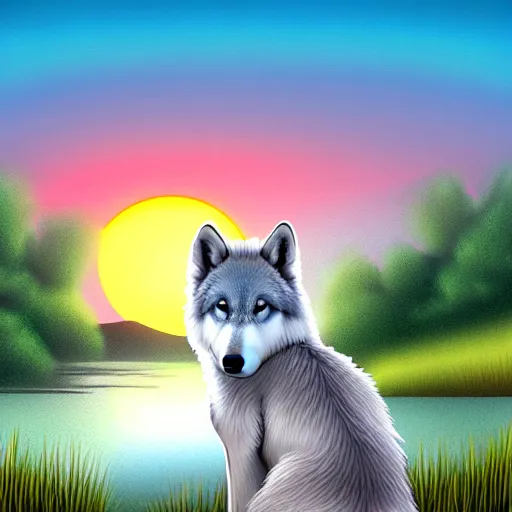 Image similar to view from behind of fluffy baby grey wolf sitting on the shore of a pond, looking out at a sunset, digital art, award winning stunning illustration