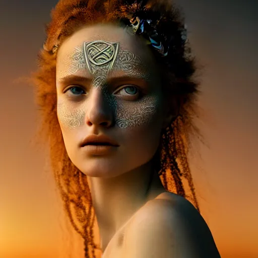 Image similar to photographic portrait of a stunningly beautiful renaissance female with celtic tribal makeup in soft dreamy light at sunset, contemporary fashion shoot, by edward robert hughes, annie leibovitz and steve mccurry, david lazar, jimmy nelsson, breathtaking, 8 k resolution, extremely detailed, beautiful, establishing shot, artistic, hyperrealistic, beautiful face, octane render