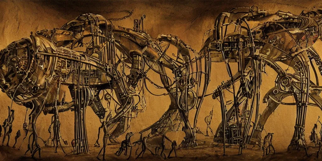 Image similar to a prehistoric cave painting of a giant steampunk futuristic retrofuturistic machine